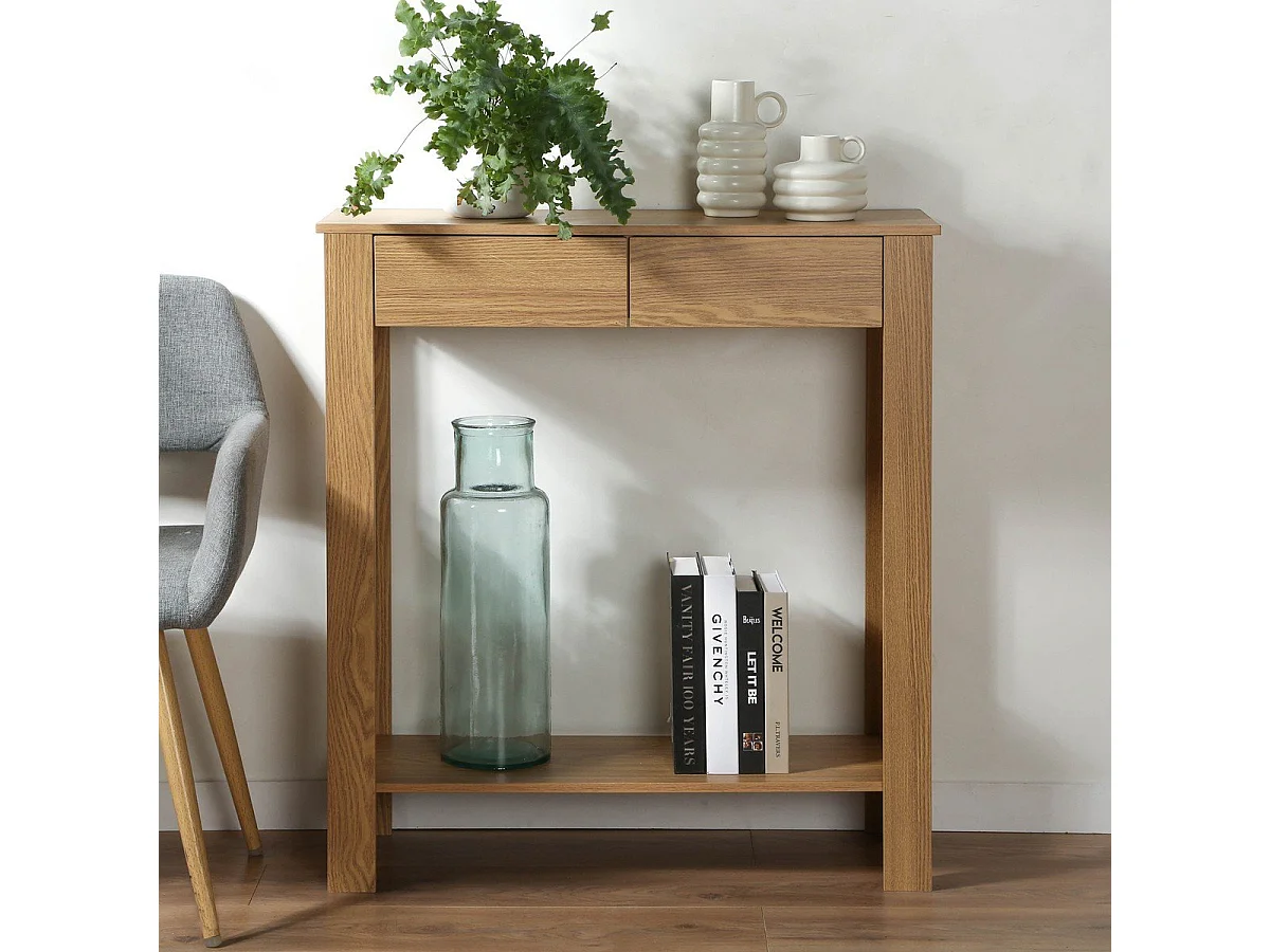 Console Haute 2 Tiroirs Décor Chêne - L79 cm