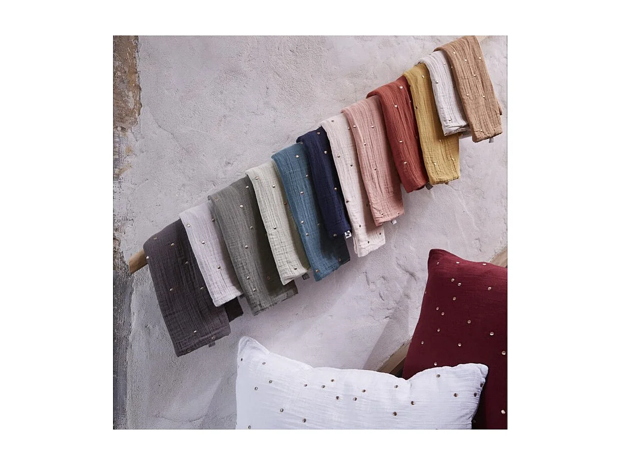 OUREA MOTIF - Taie d'Oreiller 60x60cm Gaze de Coton Eucalyptus à Pois Dorés