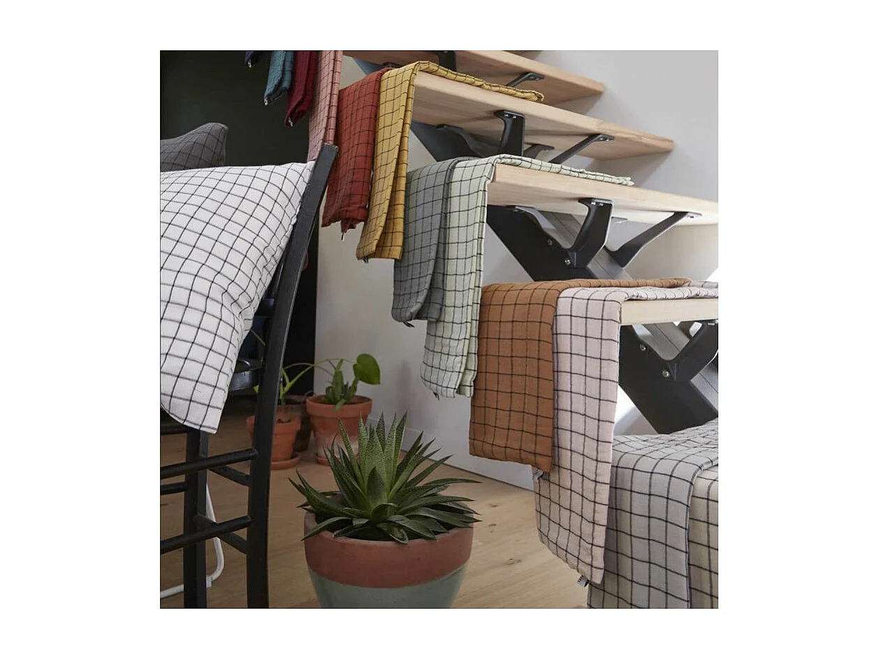 OUREA MOTIF - Taie d'Oreiller 60x60cm Gaze de Coton Eucalyptus à Petits Carreaux