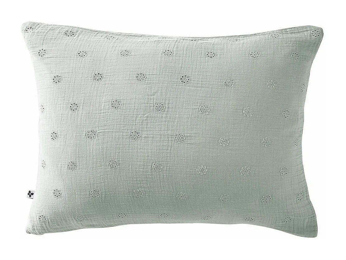 OUREA MOTIF - Taie d'Oreiller 50x70cm Gaze de Coton Eucalyptus à Fleurs Ajourées