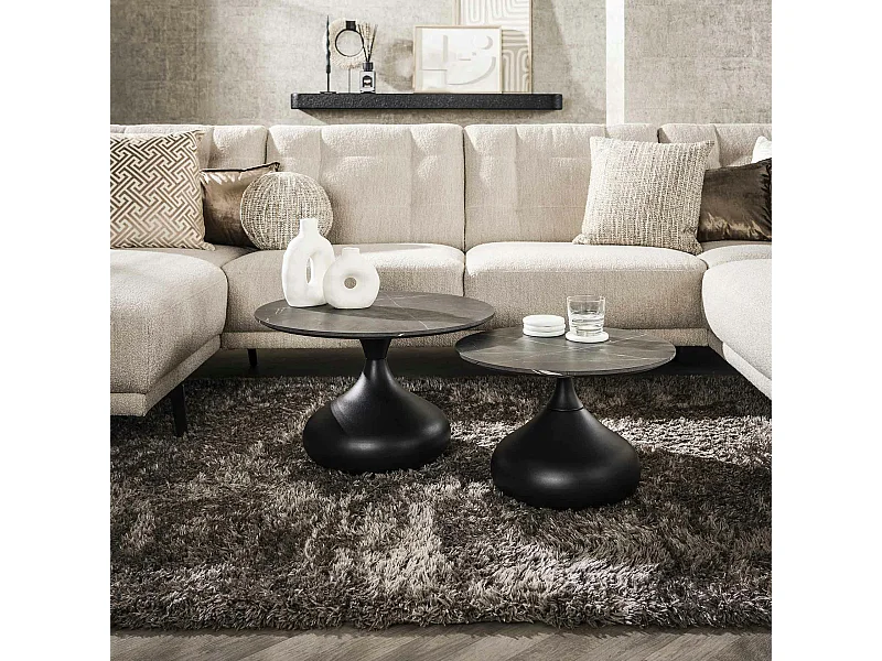 Table basse ronde forme organique plateau effet marbre noir (lot de 2) RALF