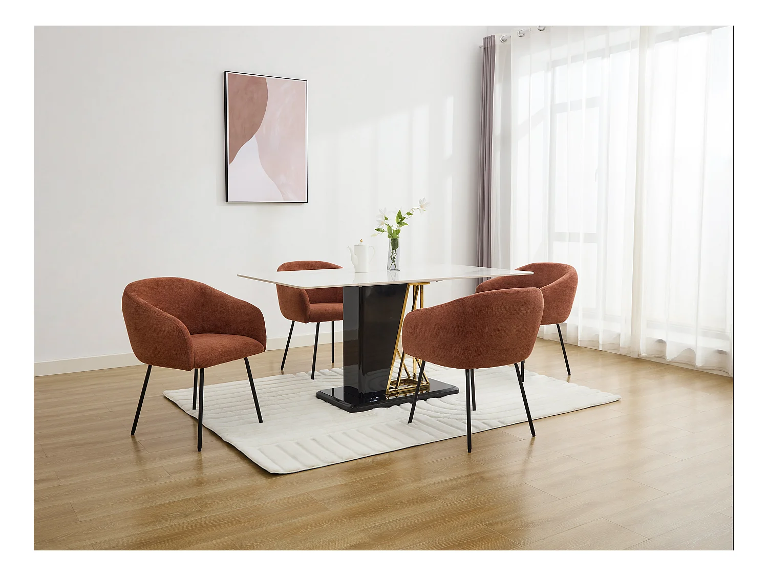 Zestaw 6 krzeseł z podłokietnikami z teksturowanej tkaniny i czarnego metalu - Terakota - NISTOSIA