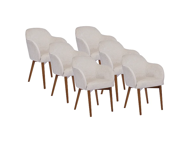 Stuhl mit Armlehnen 6er-Set - Strukturstoff & Kautschukholz - Cremefarben - MODINIA