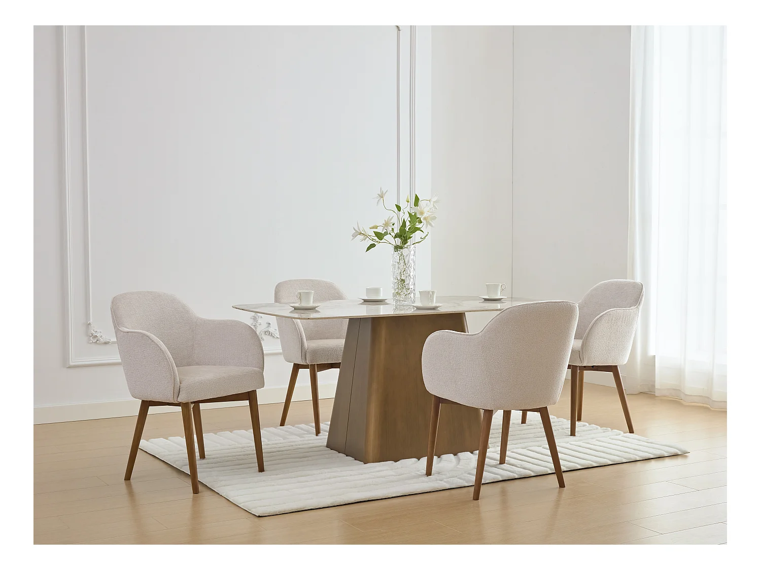 Lot de 6 chaises avec accoudoirs en tissu texturé et bois d'hévéa - Crème - MODINIA