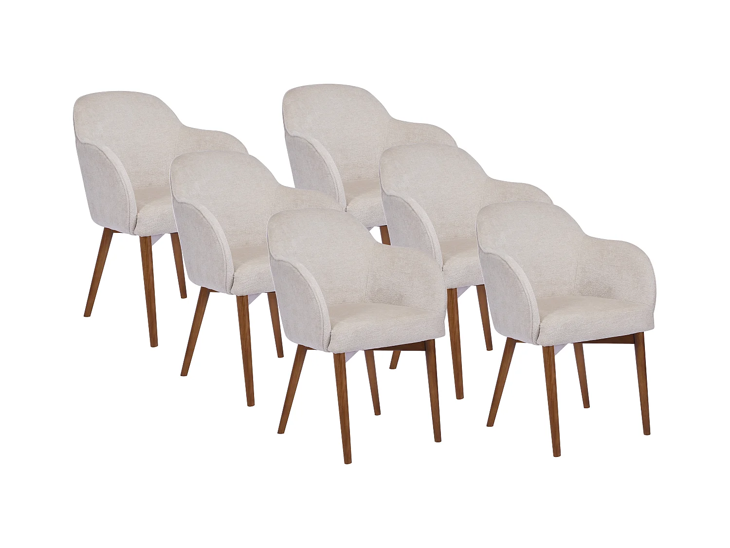 Lot de 6 chaises avec accoudoirs en tissu texturé et bois d'hévéa - Crème - MODINIA