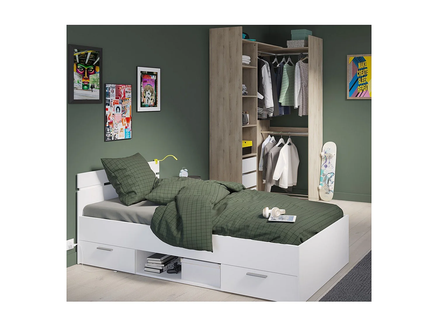 Lit 90X200 cm 2 tiroirs et 1 niche L204,3 cm - MICHIGAN