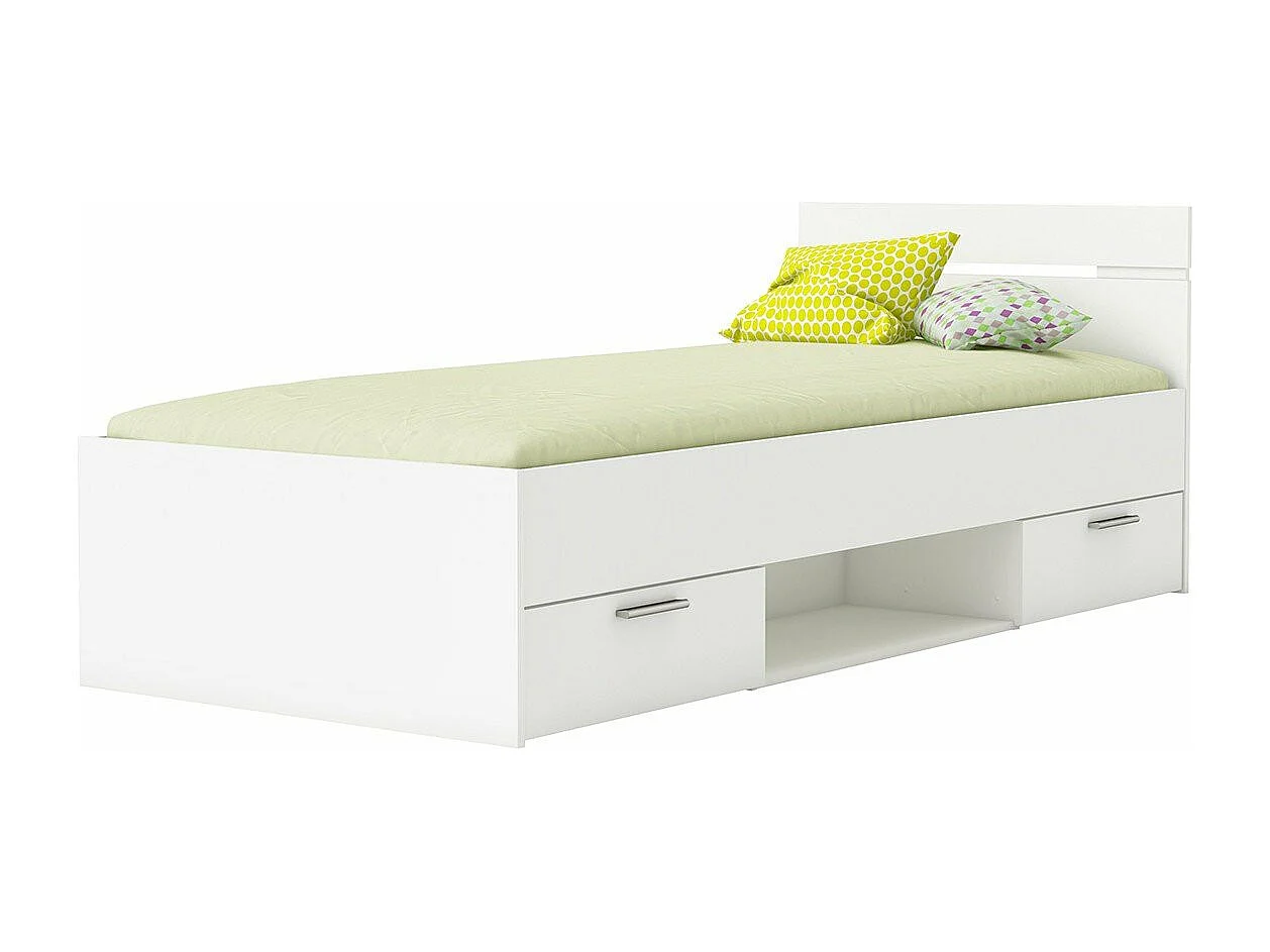 Cama 90x200 cm MICHIGAN branca com 2 gavetas e nicho de armazenamento, estrutura robusta em madeira sem estrado