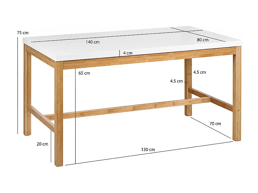 Table L. 140 cm en bois de bambou et plateau blanc mat - ZEZOLLA 0461