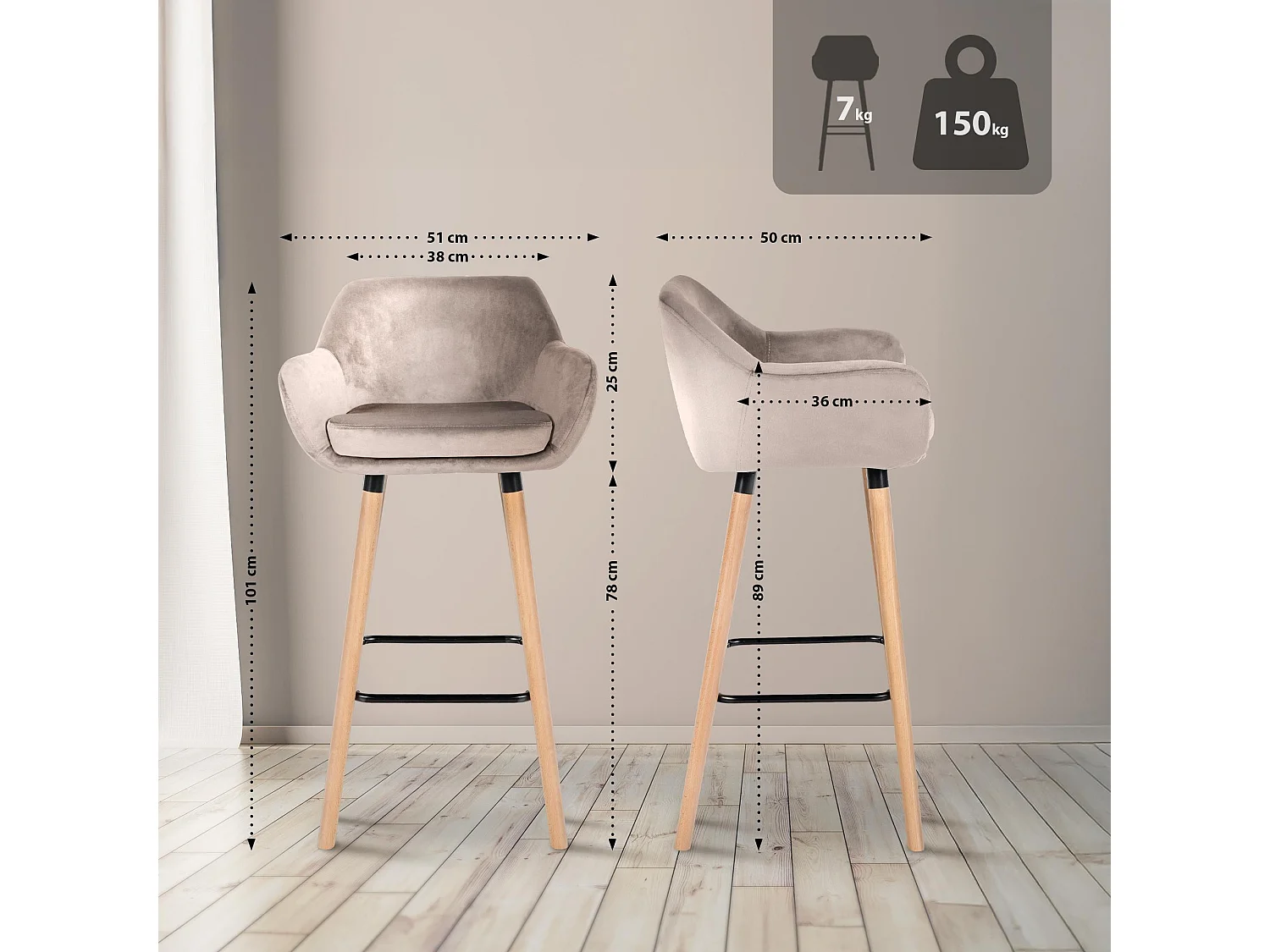 Tabouret de bar - Velours - Crème - Grant