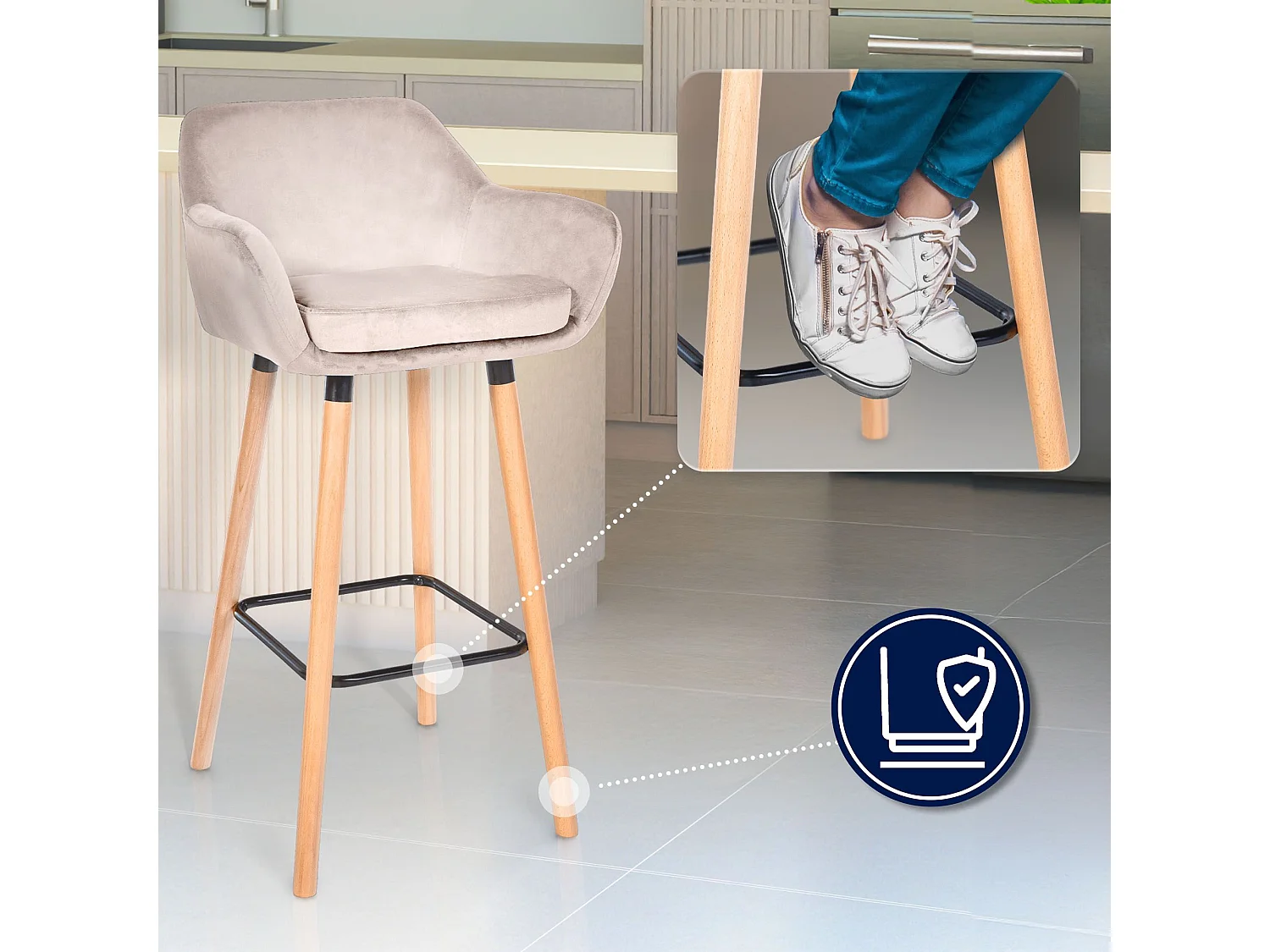 Tabouret de bar - Velours - Crème - Grant