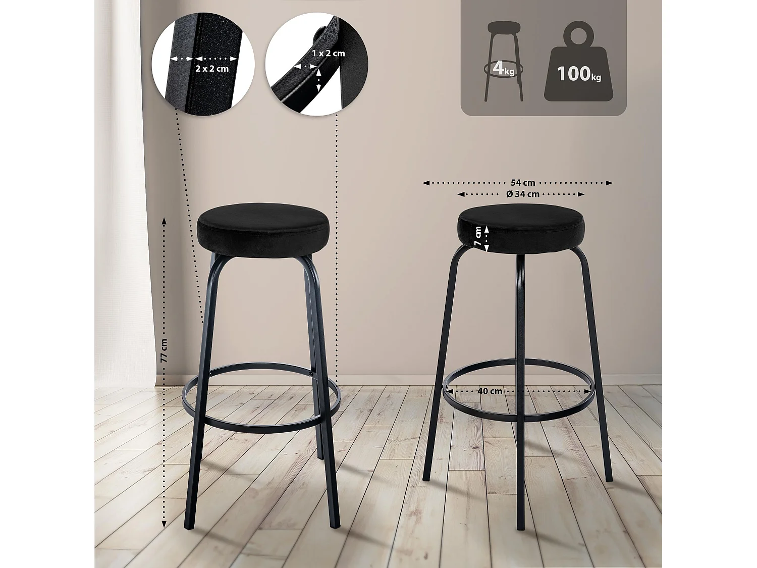 Tabouret de bar - Velours - Noir - Kamari