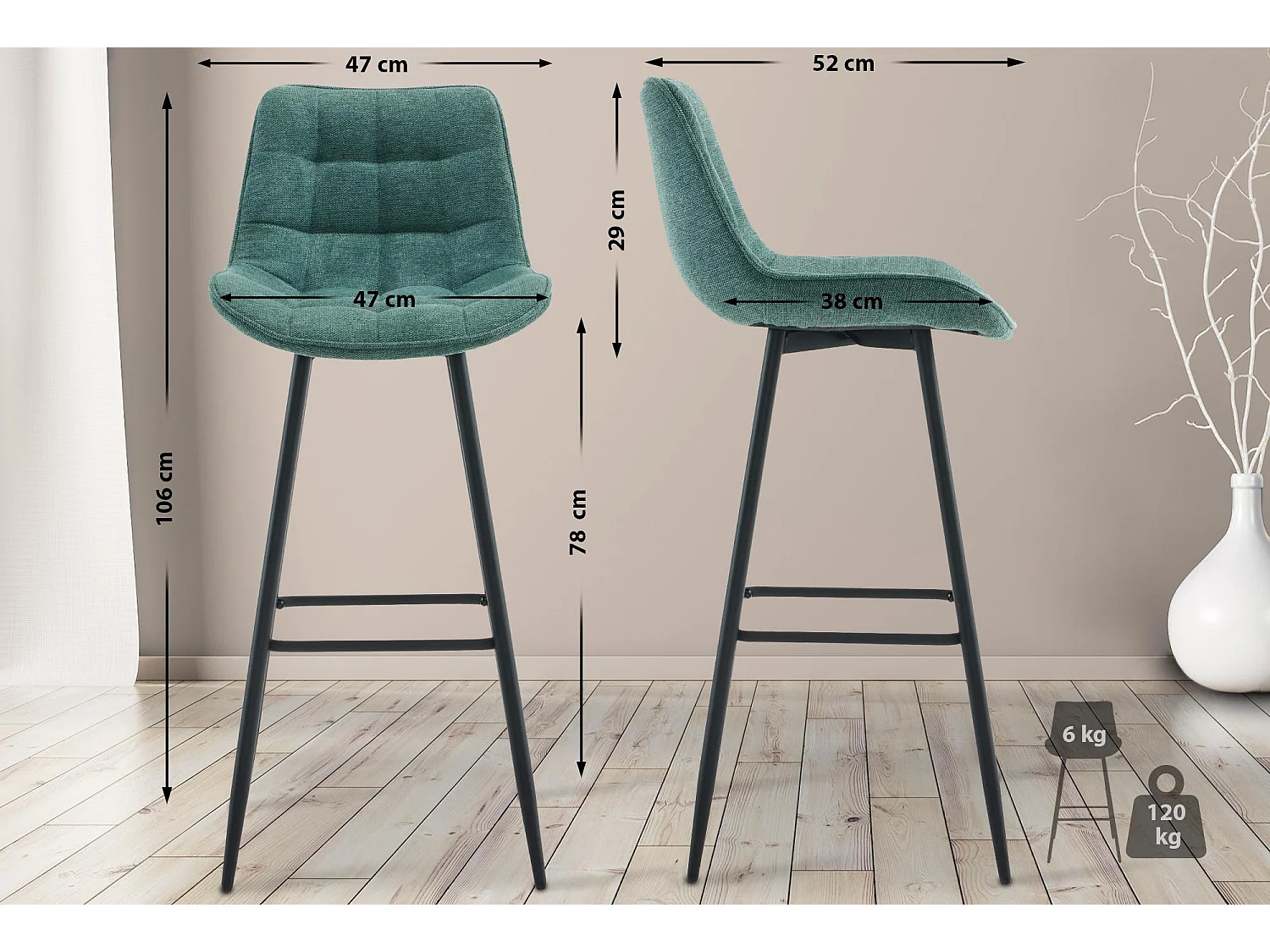 Tabouret de bar - Tissu & Métal noir mat - Vert - Dartford