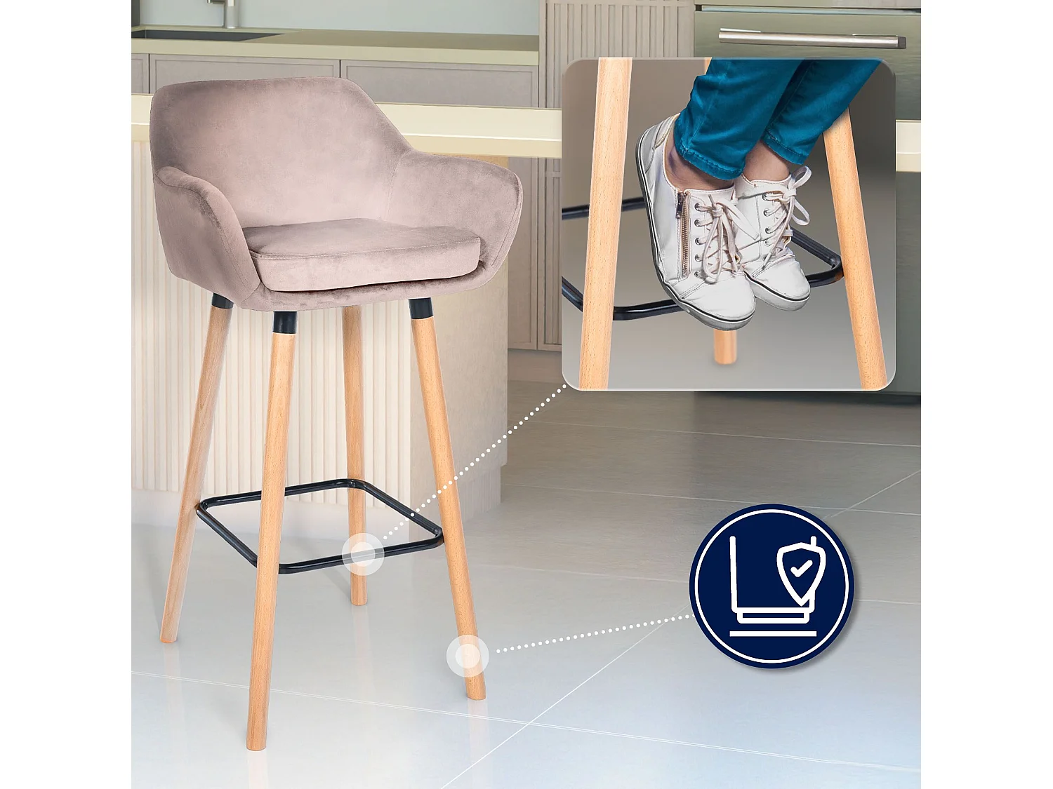 Tabouret de bar - Velours - Gris clair - Grant