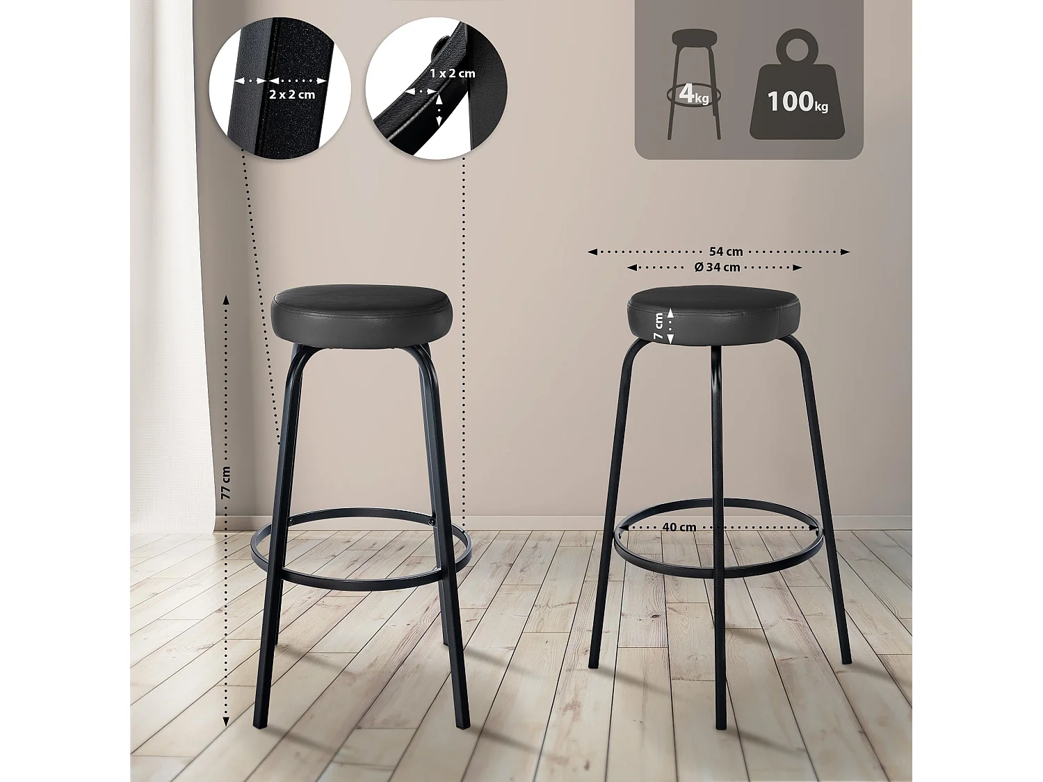 Tabouret de bar - Similicuir - Gris foncé - Kamari