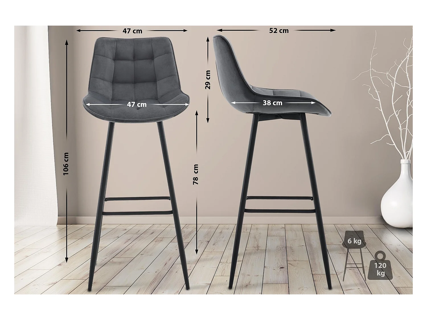 Tabouret de bar - Velours & Métal noir mat - Gris foncé - Dartford