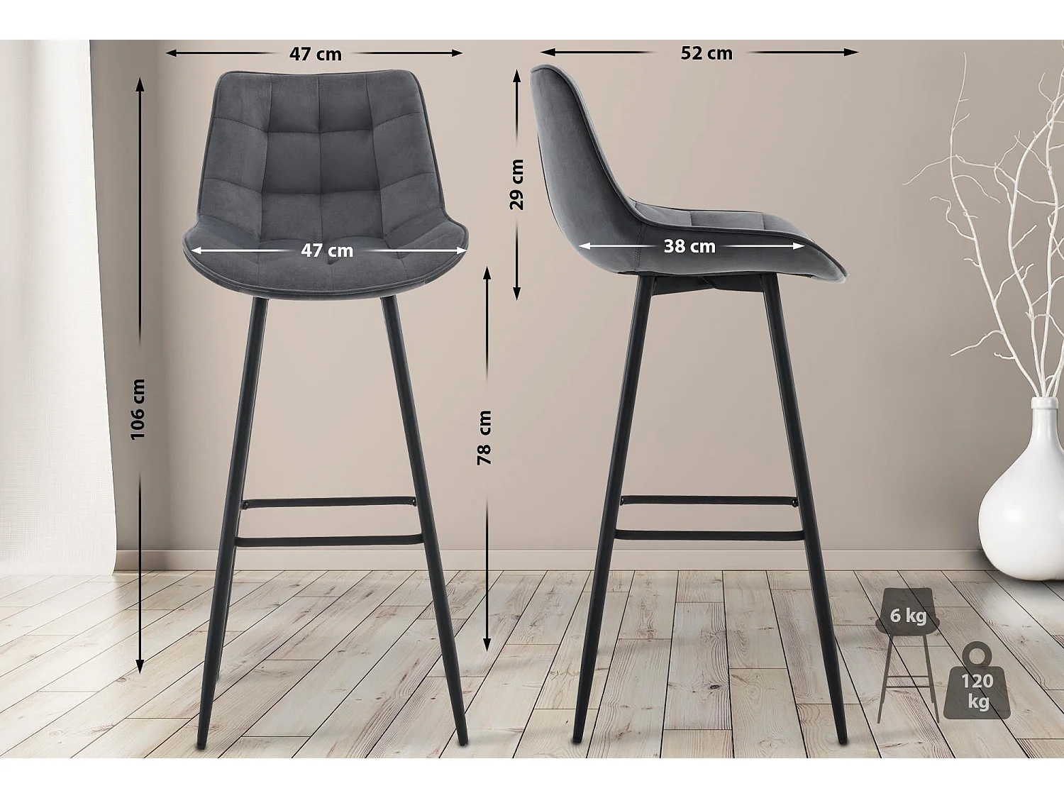 Tabouret de bar - Velours & Métal noir mat - Gris foncé - Dartford