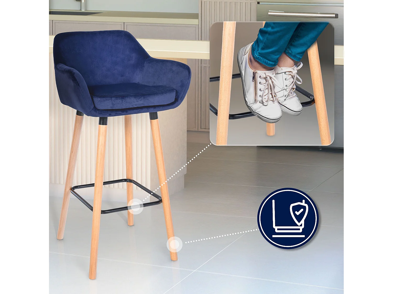 Tabouret de bar - Velours - Bleu foncé - Grant