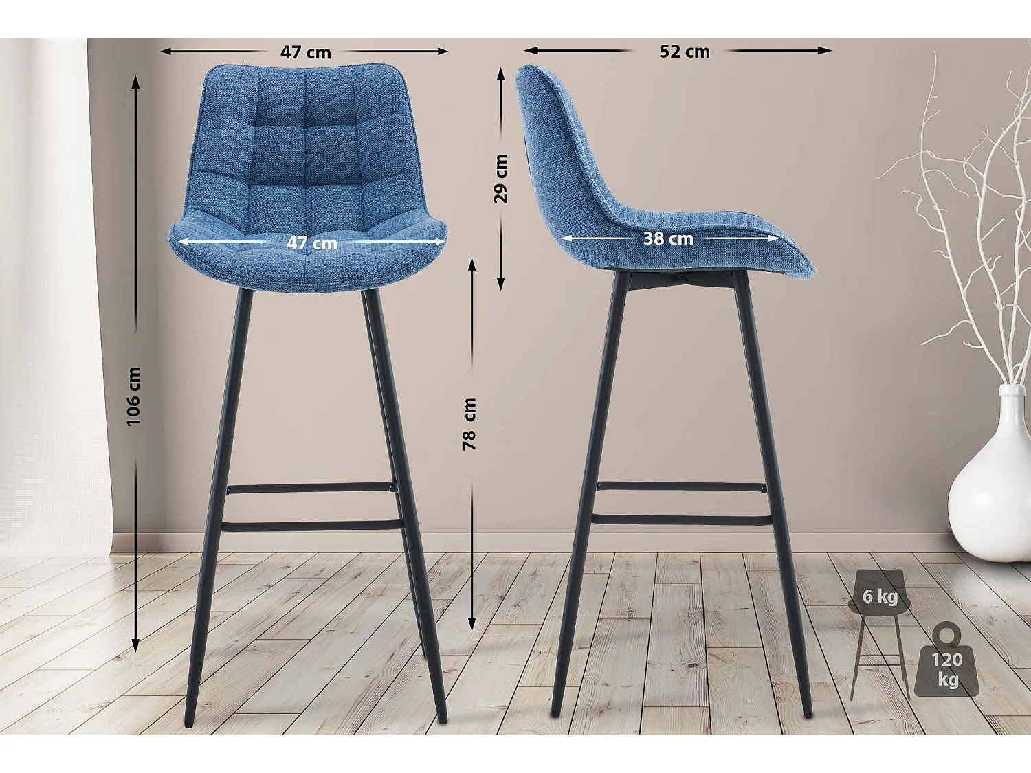 Lot de 2  Tabouret de bar - Tissu & Métal noir mat - Bleu - Dartford