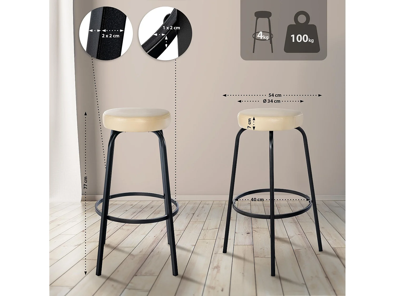 Tabouret de bar - Similicuir - Crème - Kamari