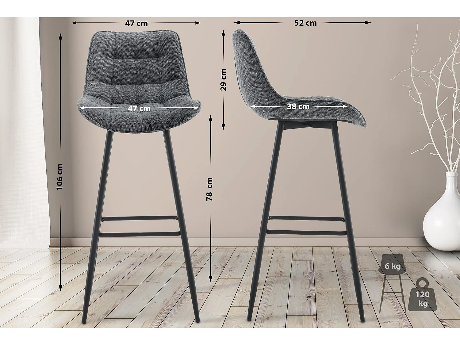 Tabouret de bar - Tissu & Métal noir mat - Gris foncé - Dartford