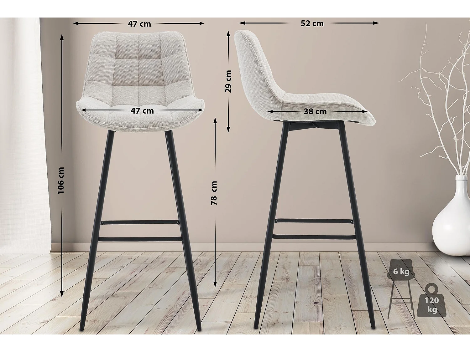 Tabouret de bar - Tissu & Métal noir mat - Crème - Dartford