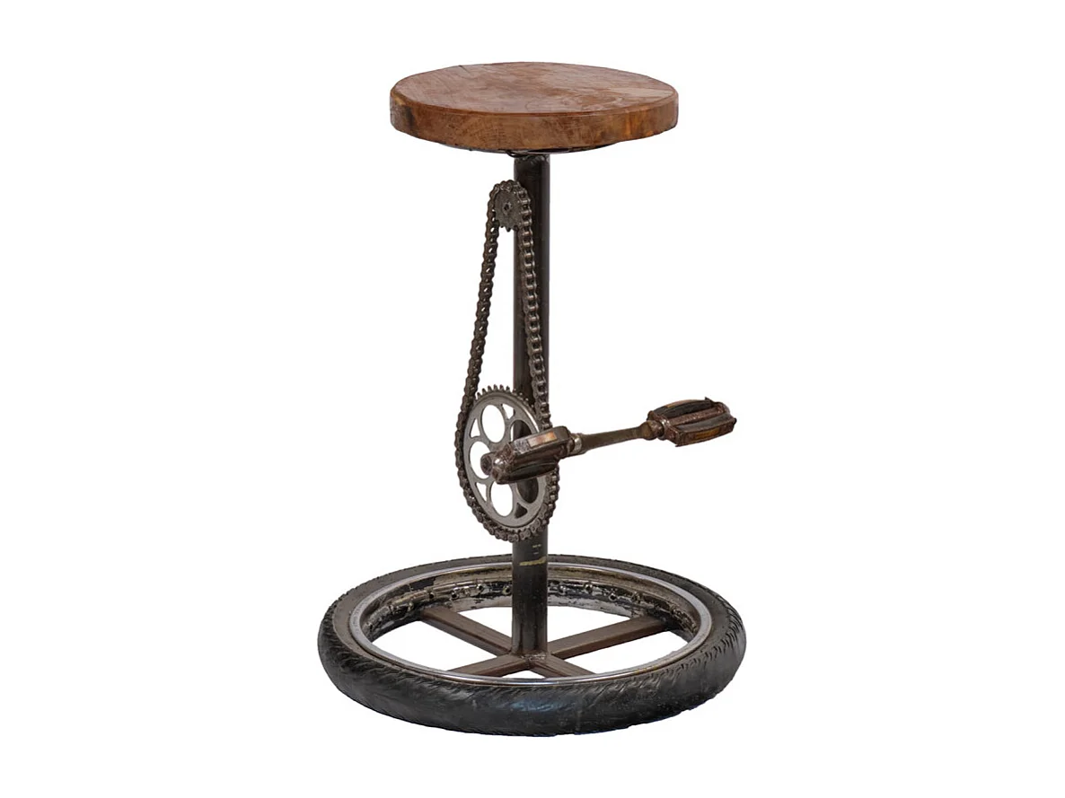 Tabouret H. 75 cm en bois avec pneu de vélo et métal recyclé - BICI