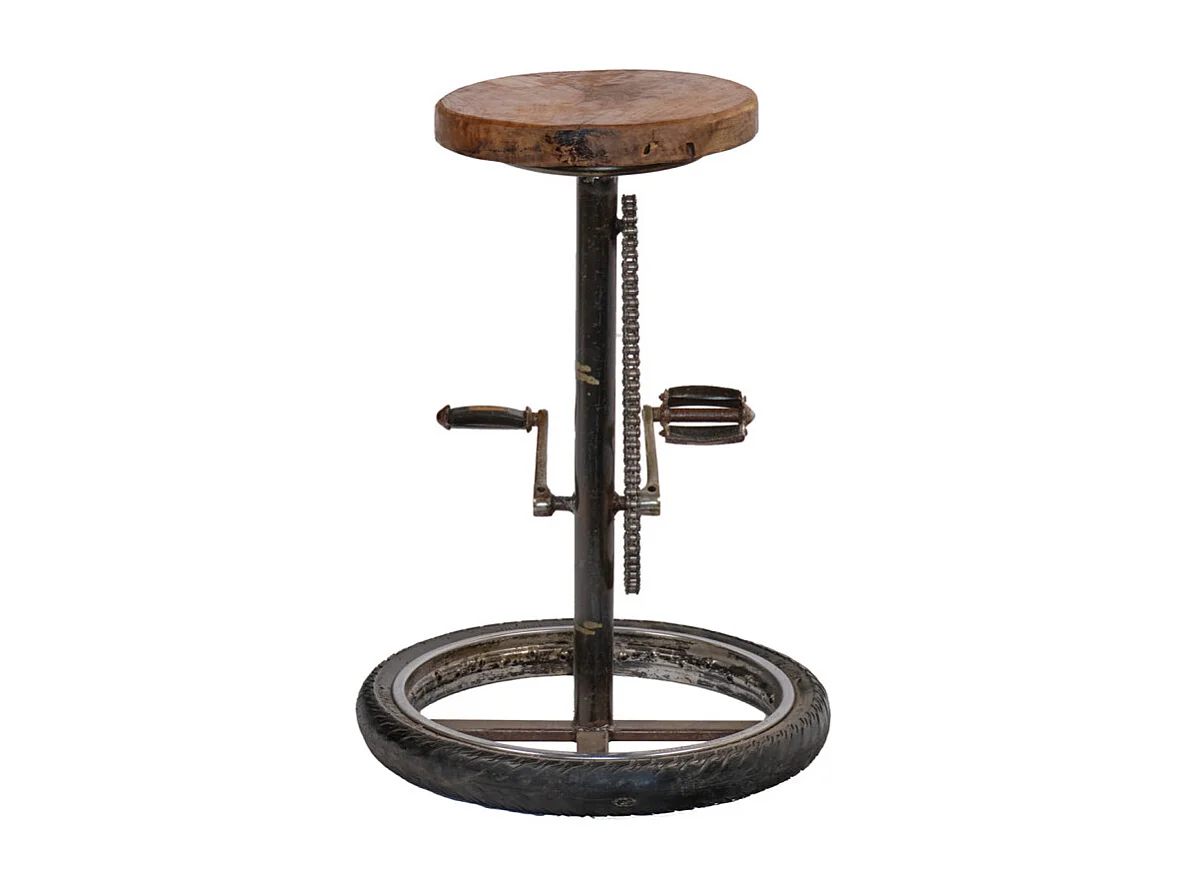 Tabouret H. 75 cm en bois avec pneu de vélo et métal recyclé - BICI