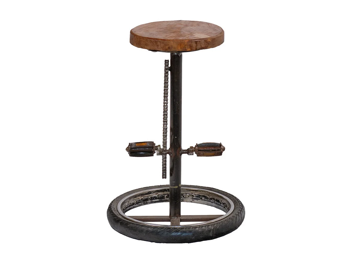 Tabouret H. 75 cm en bois avec pneu de vélo et métal recyclé - BICI
