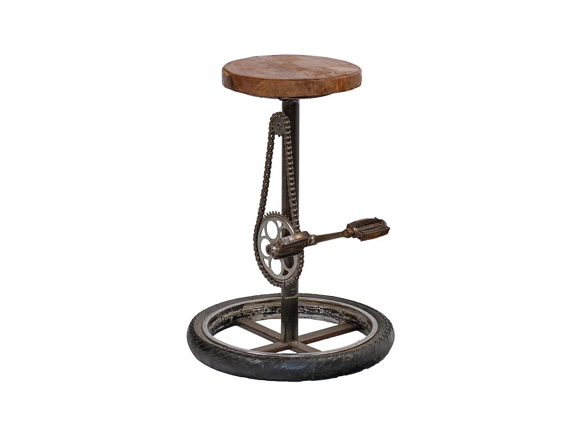 Tabouret H. 75 cm en bois avec pneu de vélo et métal recyclé - BICI