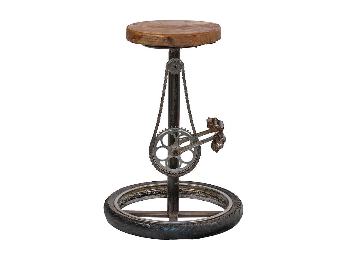 Tabouret H. 75 cm en bois avec pneu de vélo et métal recyclé - BICI