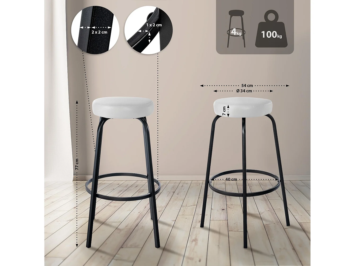 Tabouret de bar - Similicuir - Blanc - Kamari