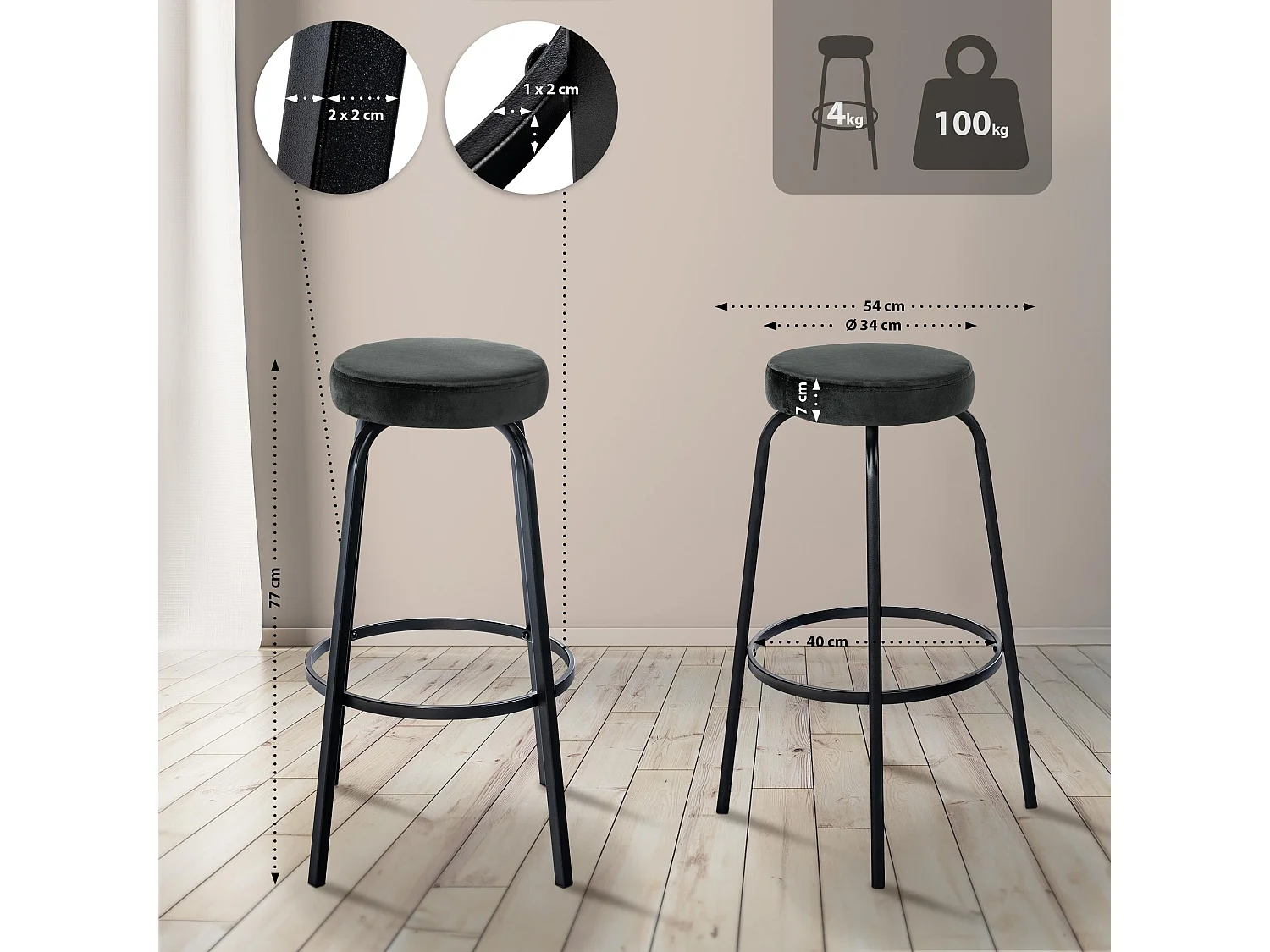 Tabouret de bar - Velours - Gris foncé - Kamari