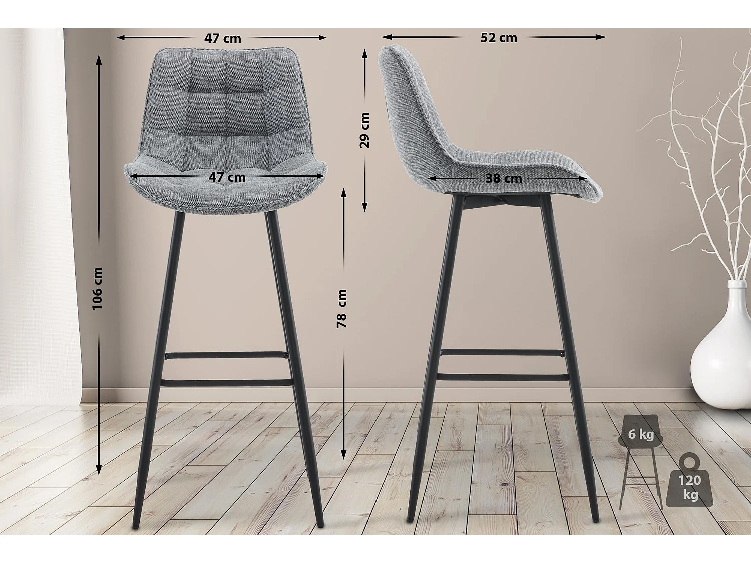 Lot de 2  Tabouret de bar - Tissu & Métal noir mat - Gris - Dartford