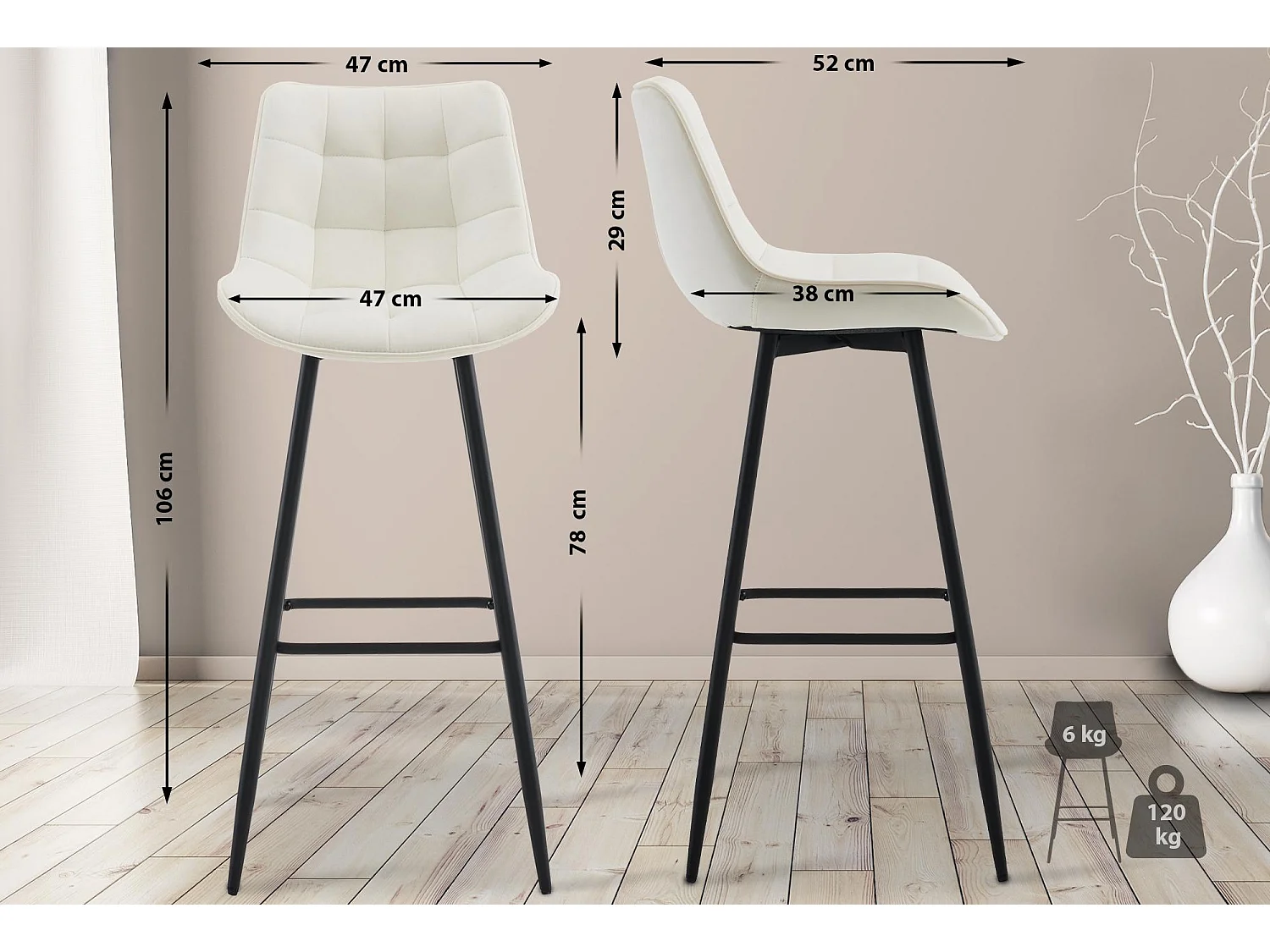 Tabouret de bar - Velours & Métal noir mat - Crème - Dartford