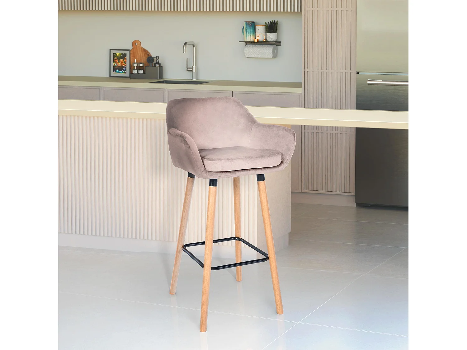 Lot de 2  Tabouret de bar - Velours - Gris clair - Grant