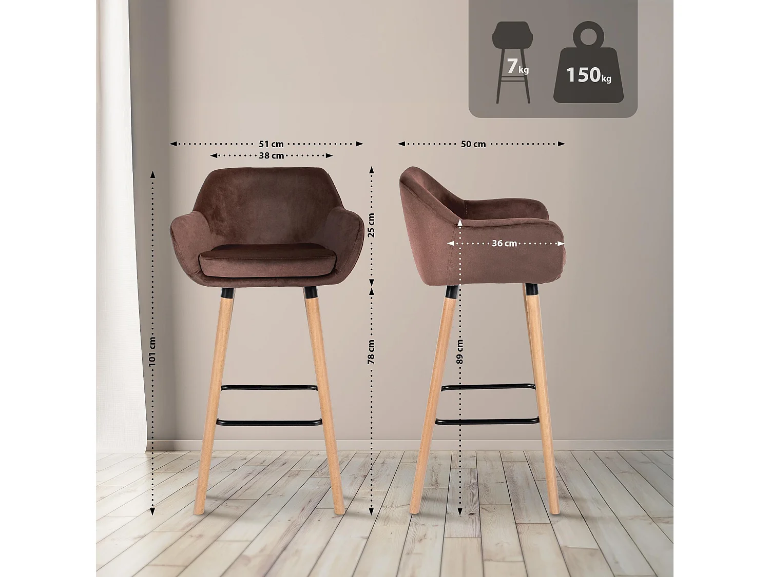 Lot de 2  Tabouret de bar - Velours - Café - Grant