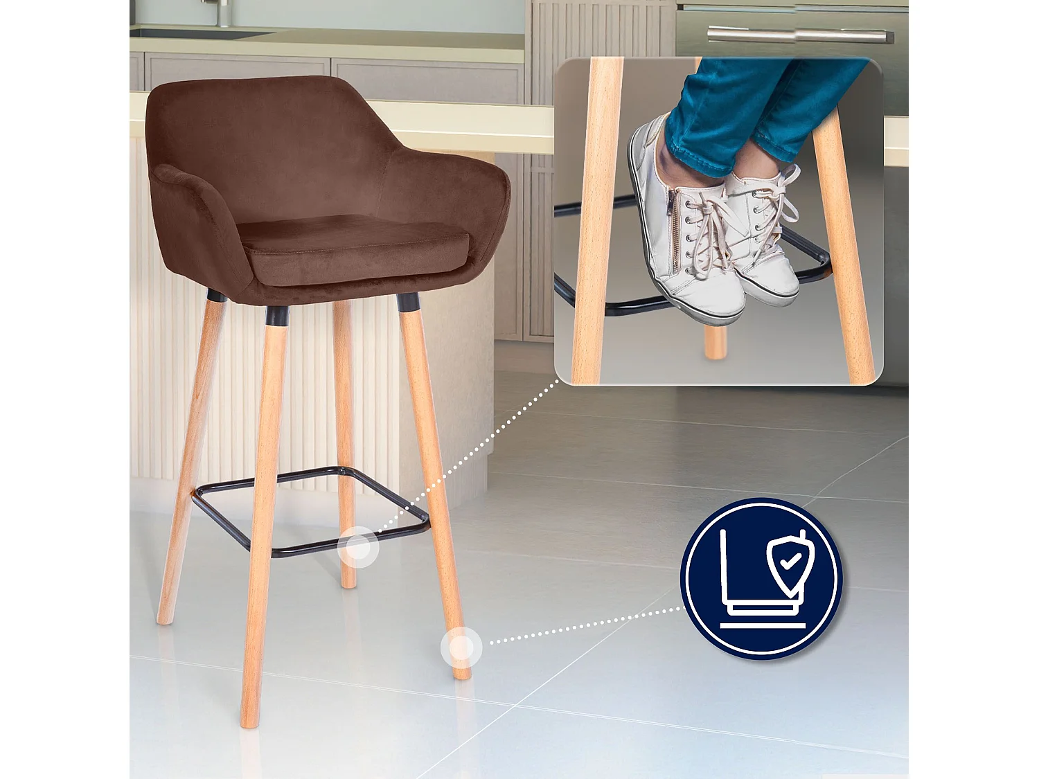 Lot de 2  Tabouret de bar - Velours - Café - Grant