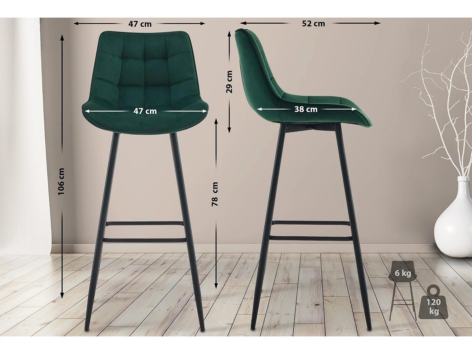 Tabouret de bar - Velours & Métal noir mat - Vert - Dartford