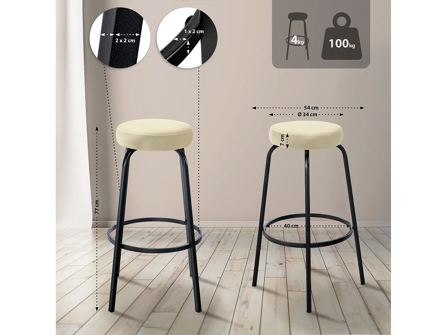 Tabouret de bar - Velours - Crème - Kamari