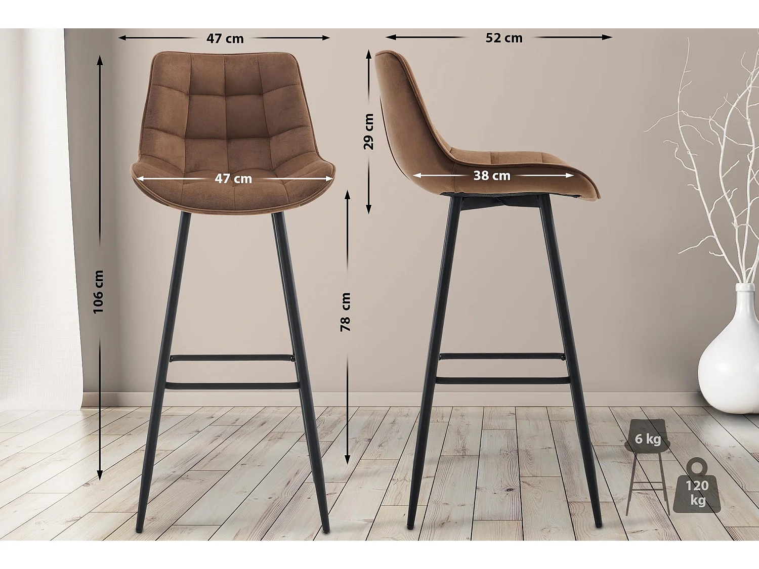 Tabouret de bar - Velours & Métal noir mat - Marron - Dartford