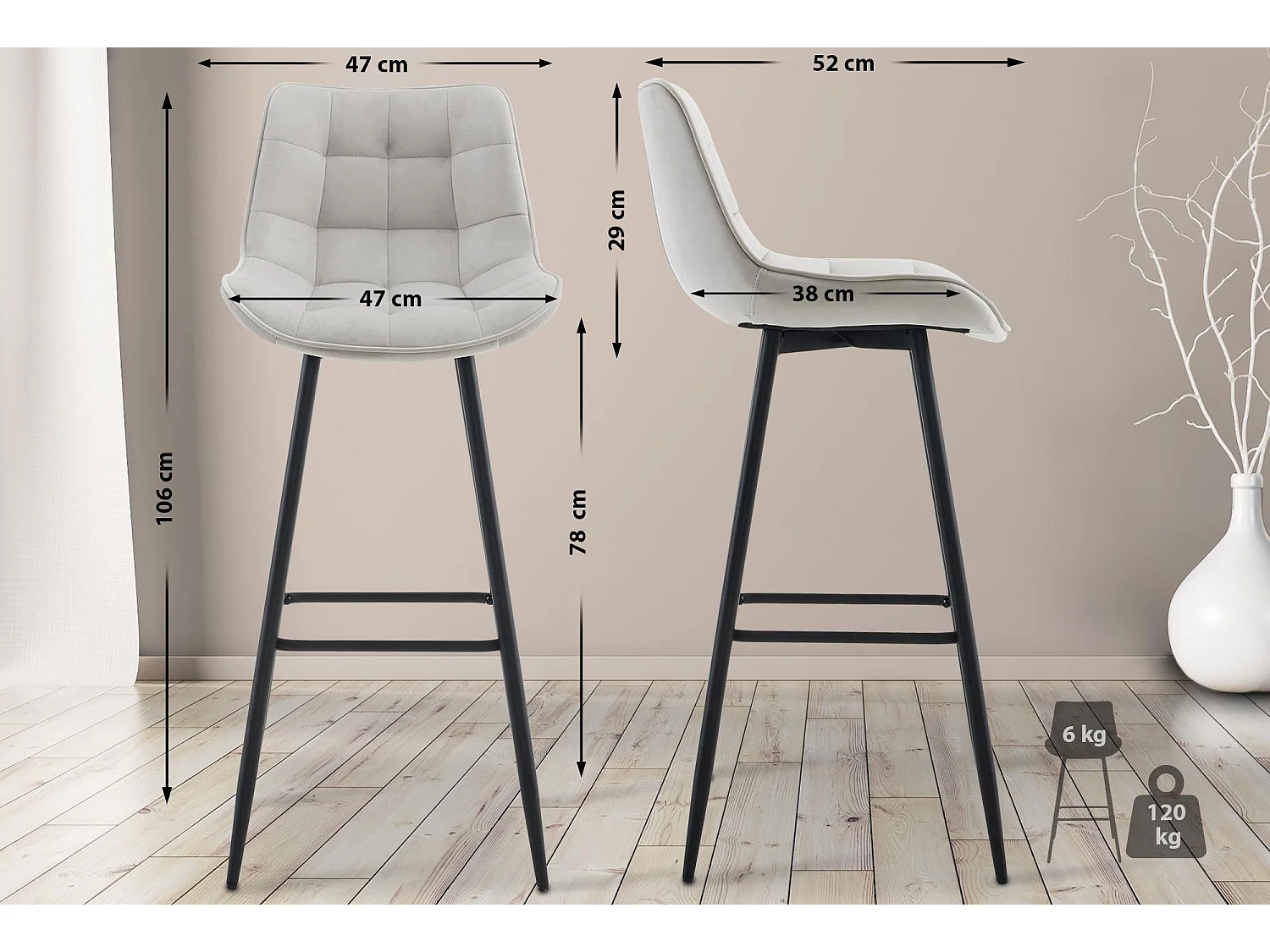 Lot de 2  Tabouret de bar - Velours & Métal noir mat - Gris - Dartford