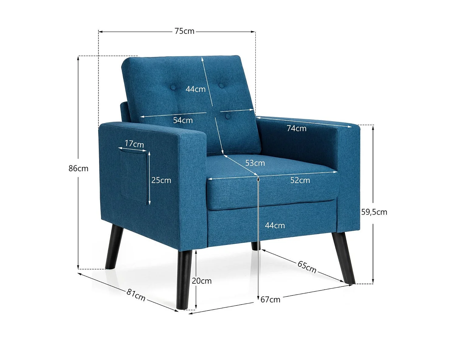 Fauteuil de Salon 1 Personne avec Profondeur d'Assise 53cm Canapé 1 Place avec Pieds Bois d'Hévéa pour Chambre Salon Bureau 81*67*86cm Bleu