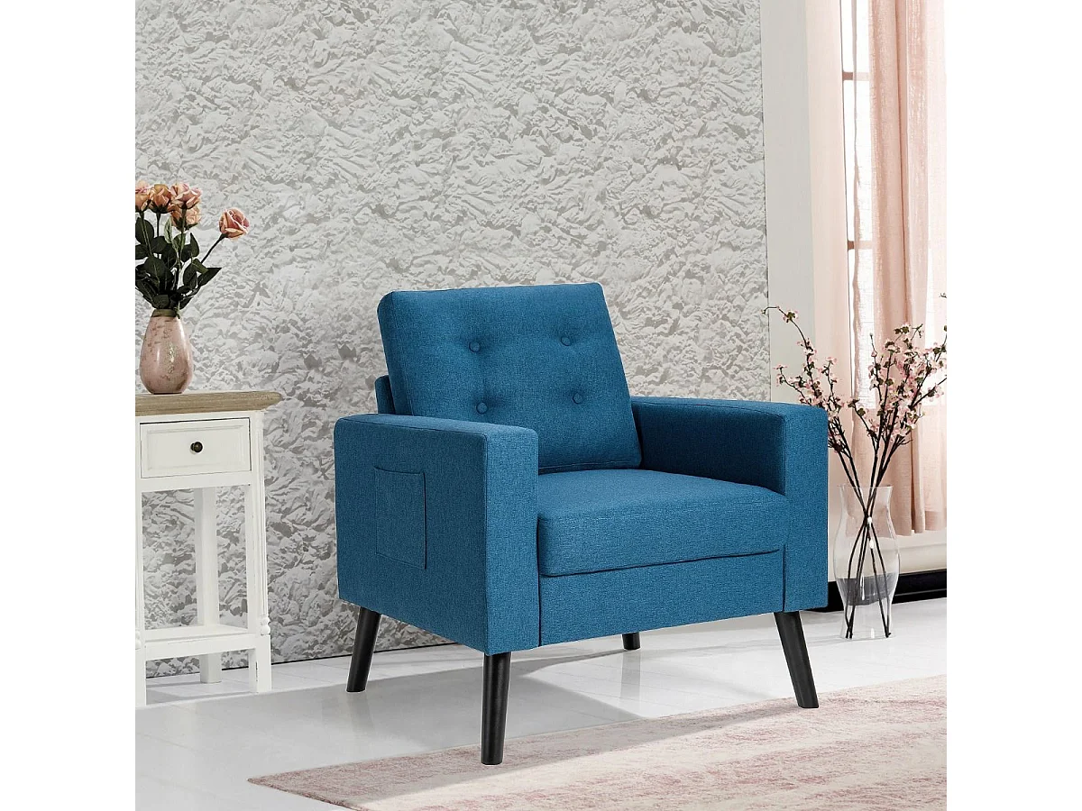 Fauteuil de Salon 1 Personne avec Profondeur d'Assise 53cm Canapé 1 Place avec Pieds Bois d'Hévéa pour Chambre Salon Bureau 81*67*86cm Bleu