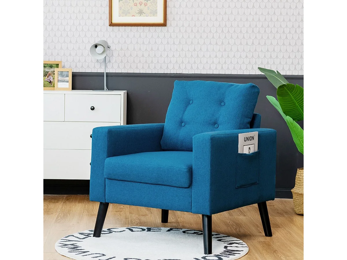 Fauteuil de Salon 1 Personne avec Profondeur d'Assise 53cm Canapé 1 Place avec Pieds Bois d'Hévéa pour Chambre Salon Bureau 81*67*86cm Bleu