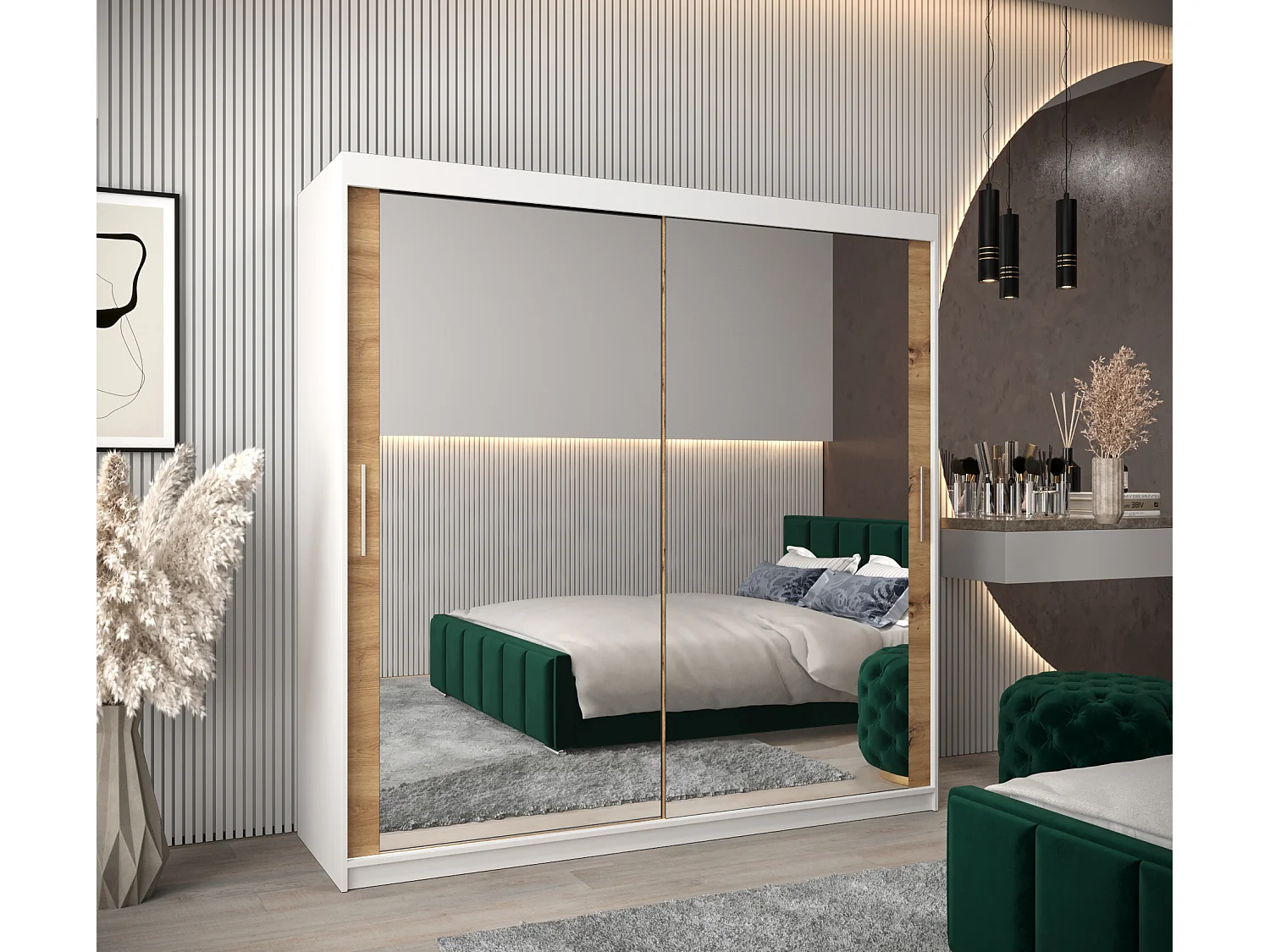 Schwebetürenschrank Tokyo 3 200/200/62 2-Türig (Weiß/Artisan)