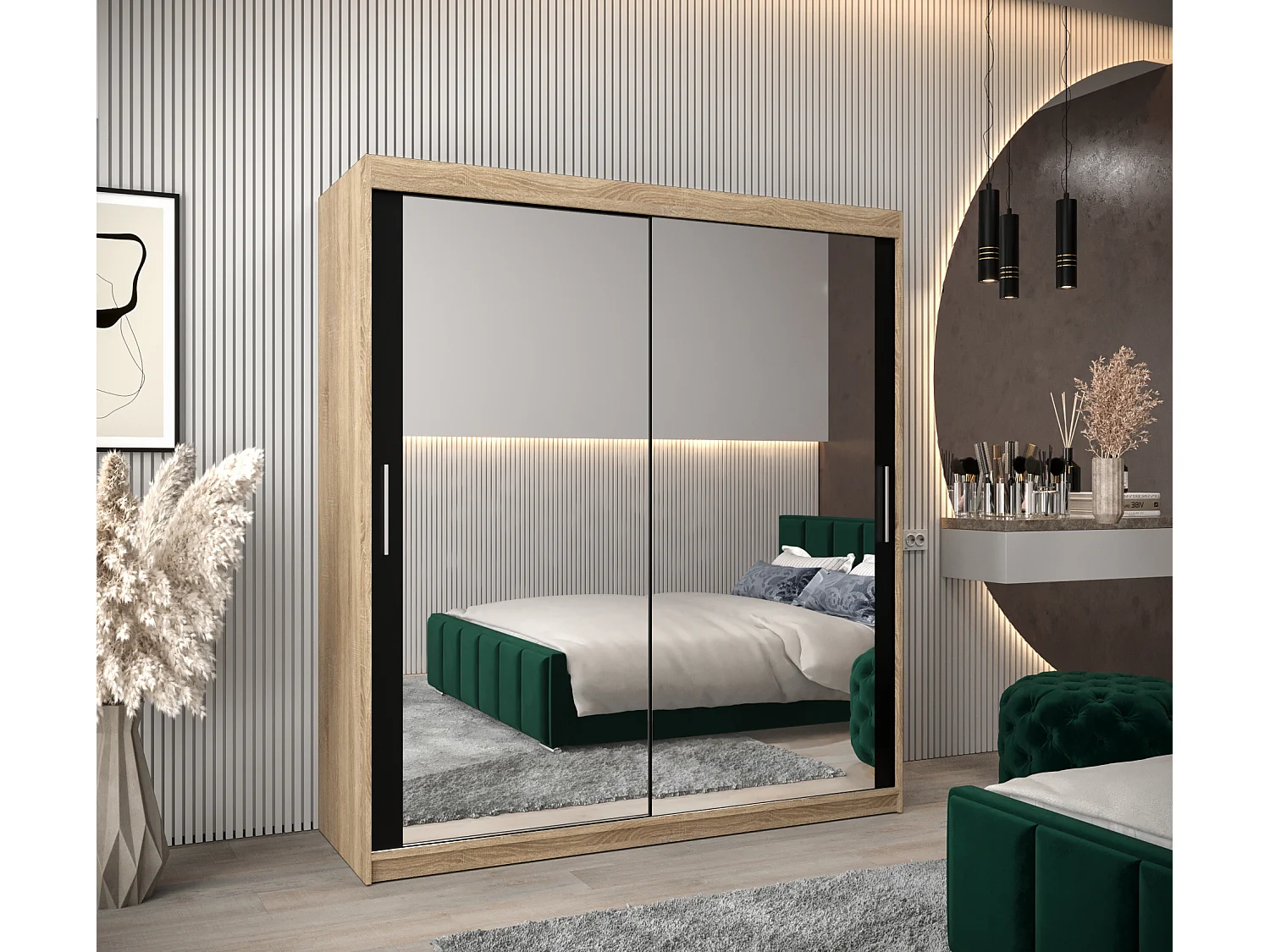 Schwebetürenschrank Tokyo 3 200/180/62 2-Türig (Sonoma/Schwarz)