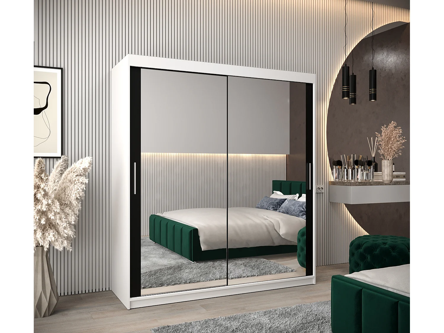 Schwebetürenschrank Tokyo 3 200/180/62 2-Türig (Weiß/Schwarz)