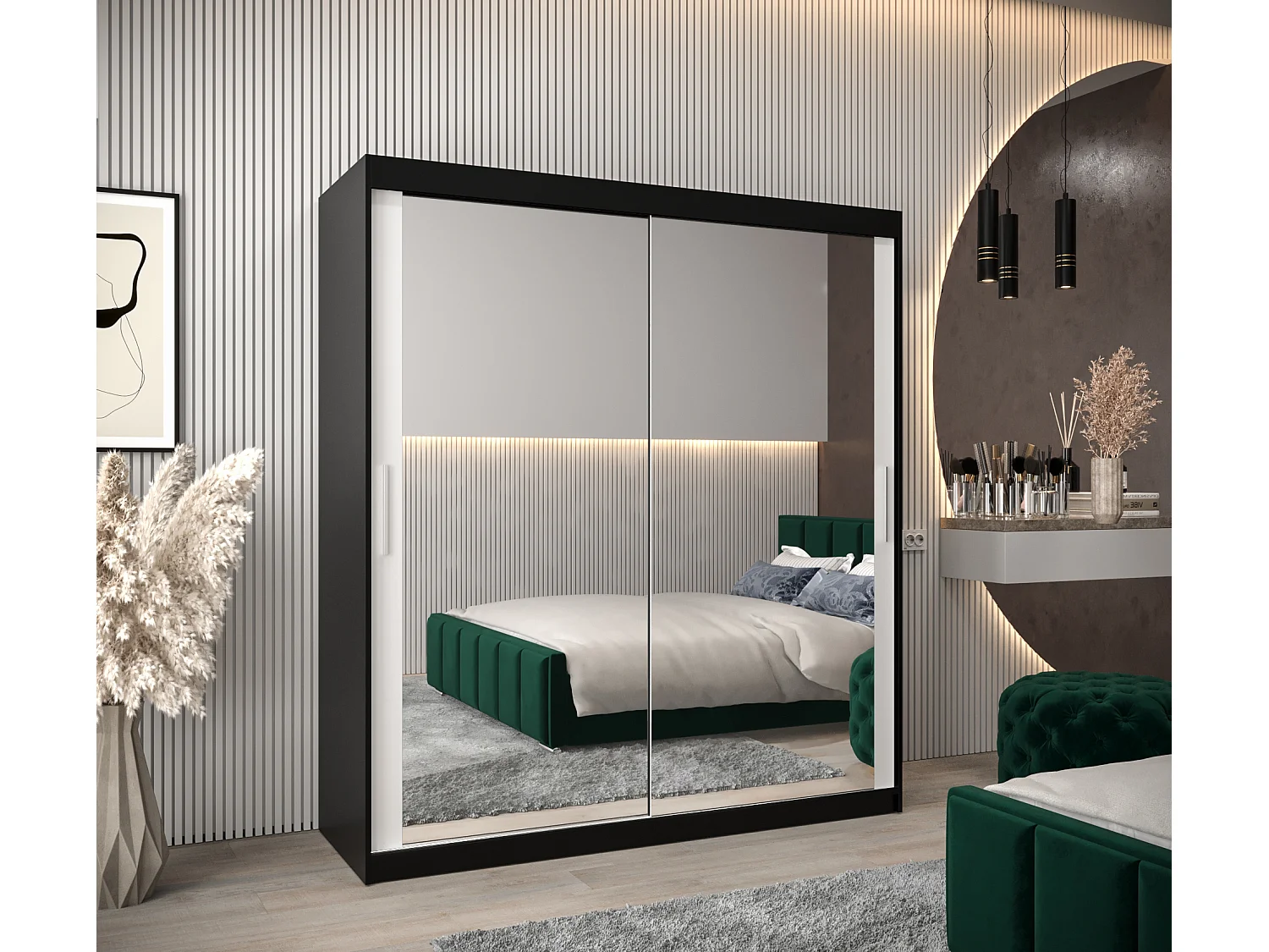 Schwebetürenschrank Tokyo 3 200/180/62 2-Türig (Schwarz/Weiß)