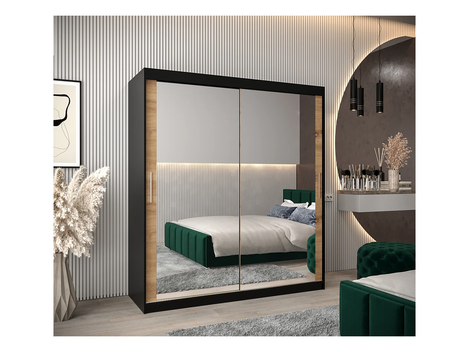 Schwebetürenschrank Tokyo 3 200/180/62 2-Türig (Schwarz/Artisan)