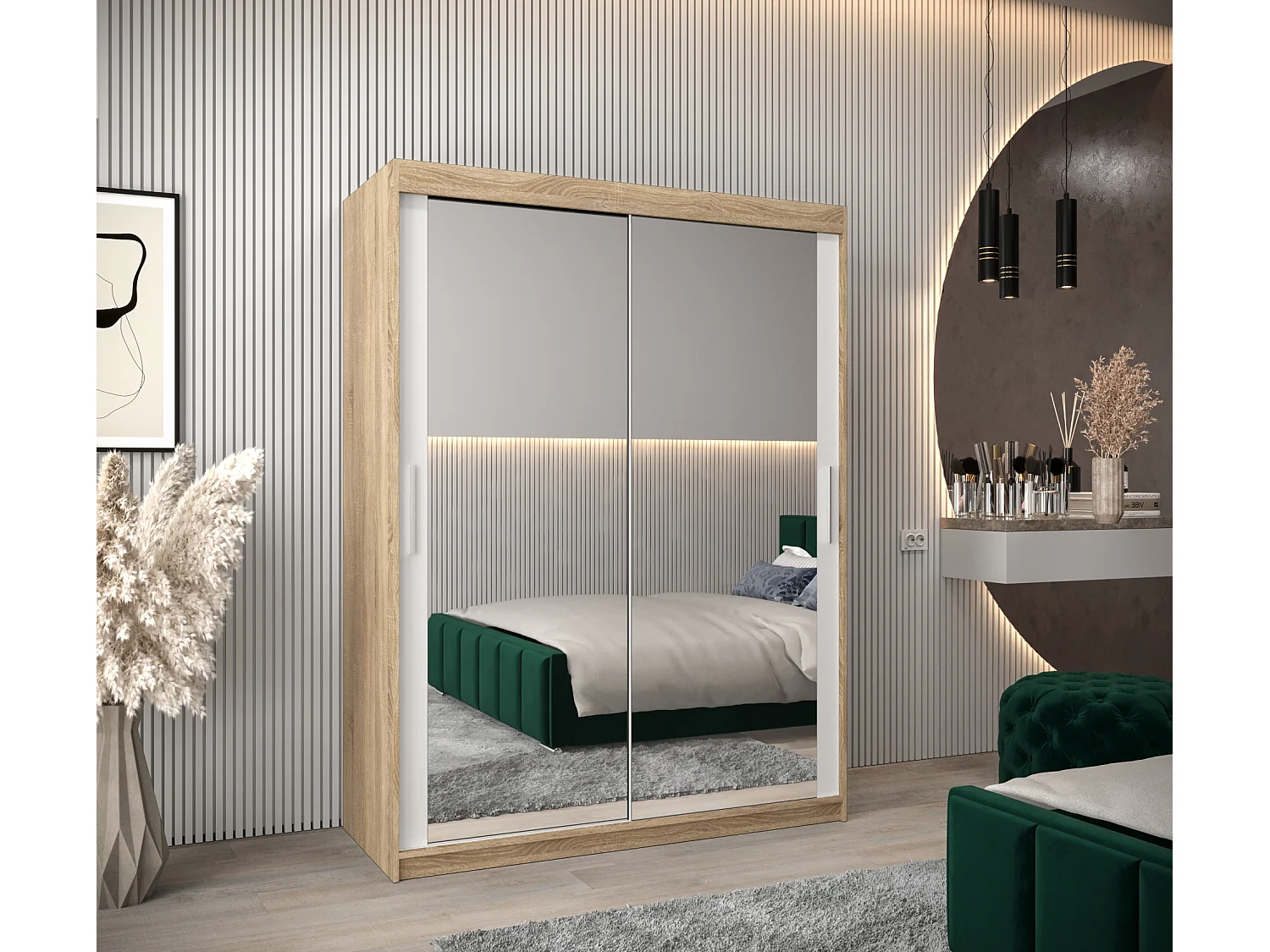 Schwebetürenschrank Tokyo 3 200/150/62 2-Türig (Sonoma/Weiß)